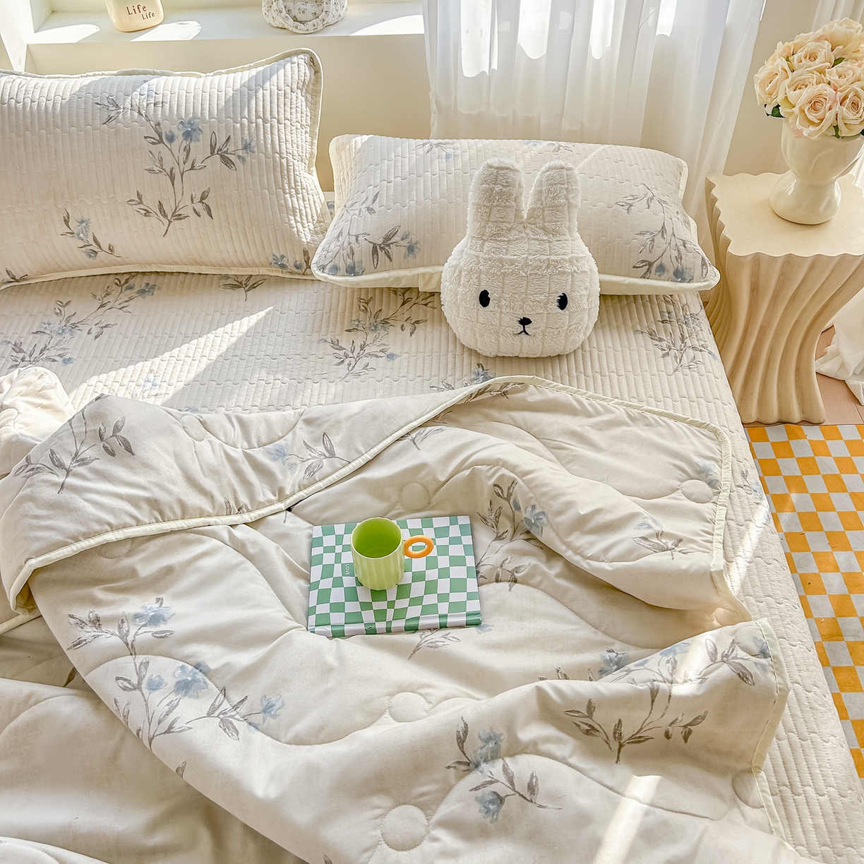 91家纺网 家纺一手货源 找家纺 慕澄家纺 2026新款小清新印花水洗棉床盖夏被四件套 汀兰