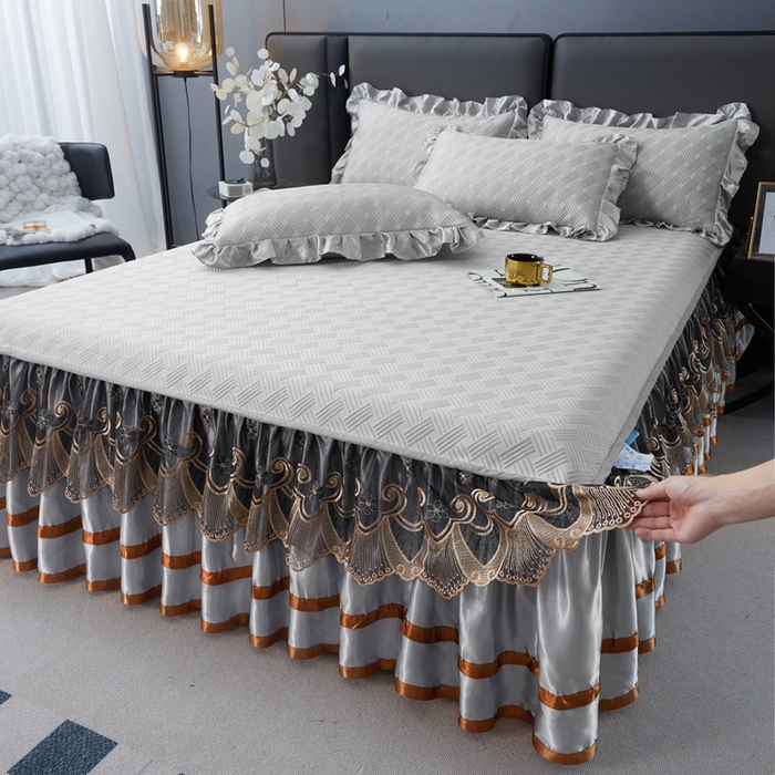 91家纺网 家纺一手货源 找家纺 （总）怡源梦 2026新款A类PE聚乙烯冰豆豆提花床裙款席子凉席三件套-梦之约