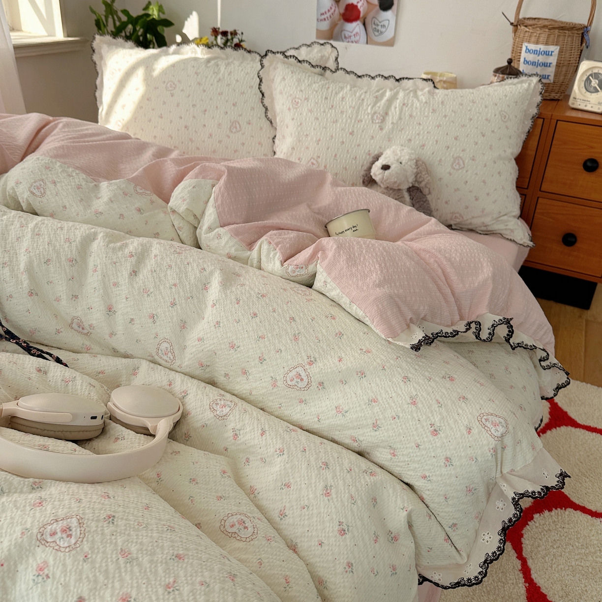 91家纺网 家纺一手货源 找家纺 顾里家纺 2026新款法式复古花边三层纱四件套（会员-2元） 甜心玫瑰