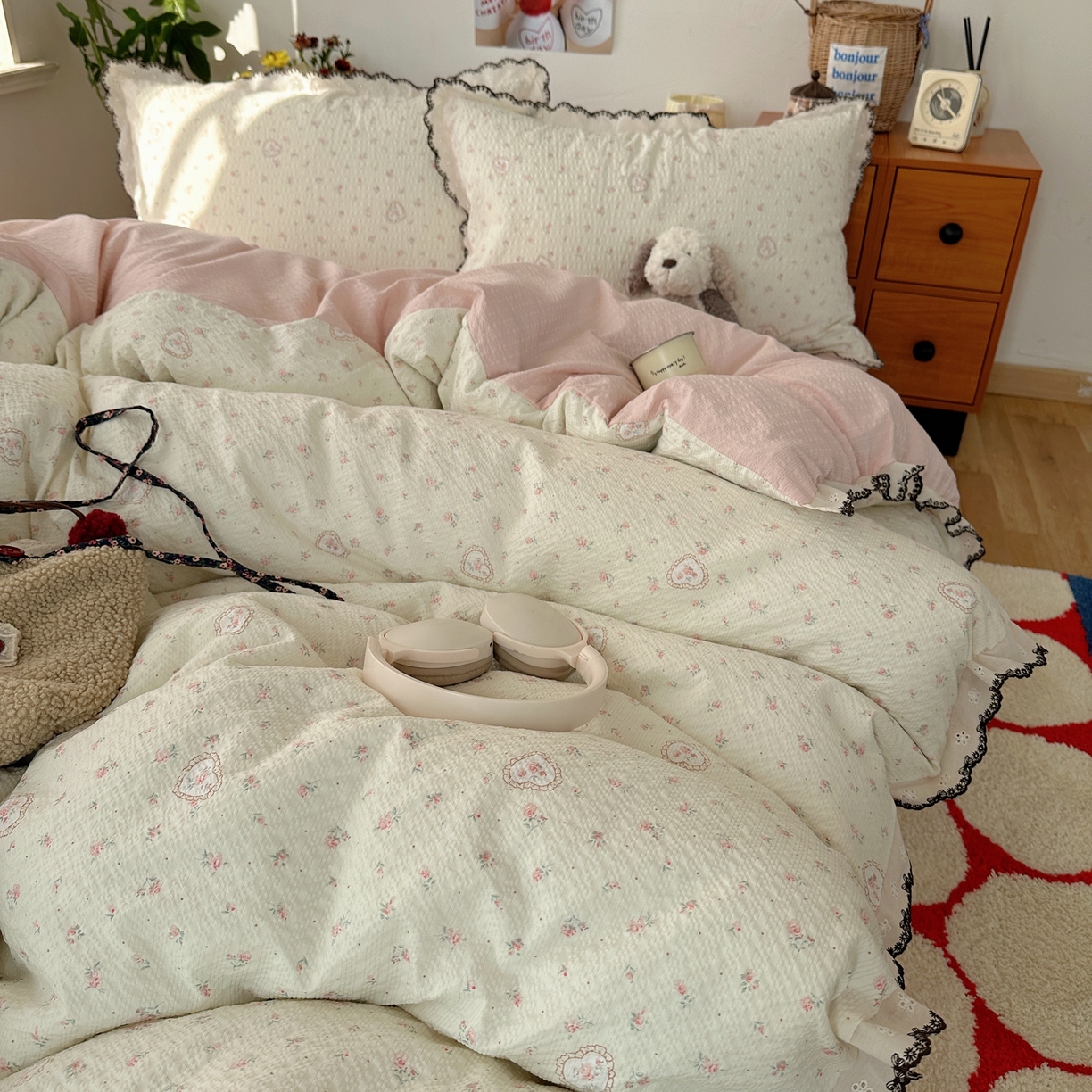 91家纺网 家纺一手货源 找家纺 顾里家纺 2026新款法式复古花边三层纱四件套（会员-2元） 甜心玫瑰