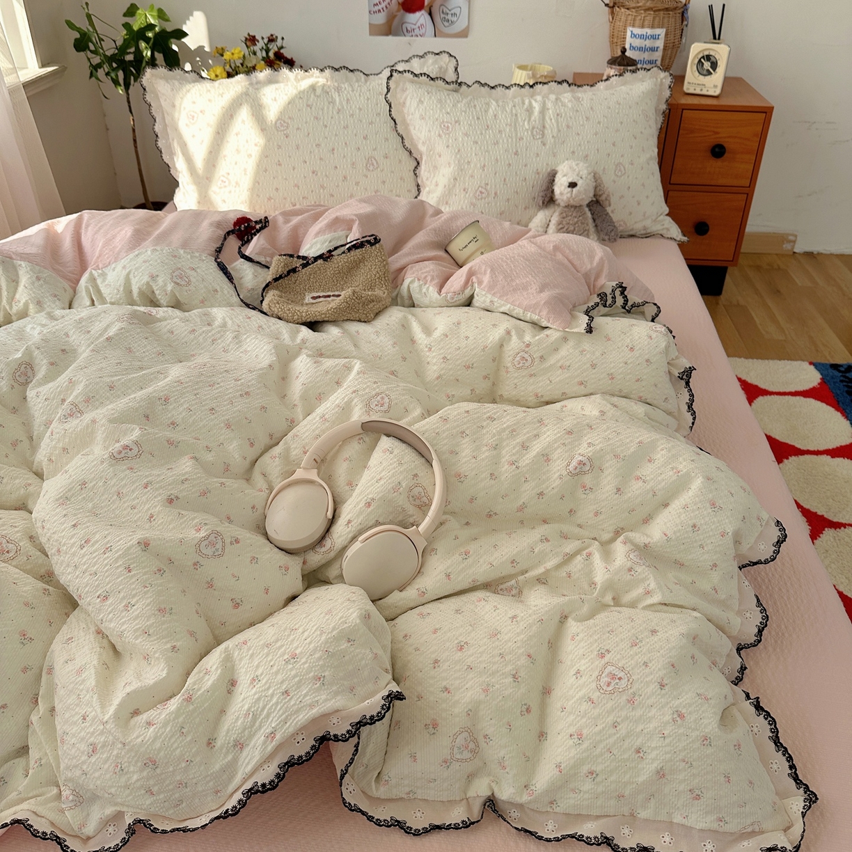 91家纺网 家纺一手货源 找家纺 顾里家纺 2026新款法式复古花边三层纱四件套（会员-2元） 甜心玫瑰