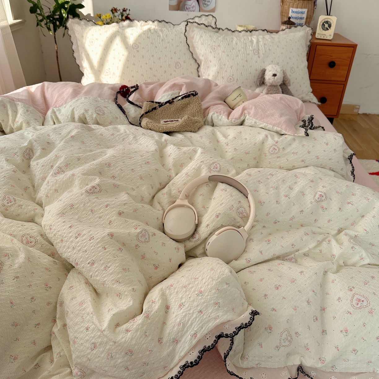 91家纺网 家纺一手货源 找家纺 顾里家纺 2026新款法式复古花边三层纱四件套（会员-2元） 甜心玫瑰