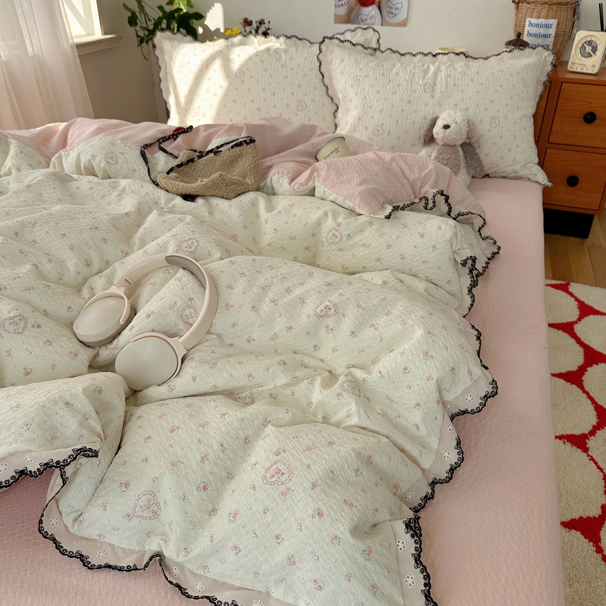 91家纺网 家纺一手货源 找家纺 顾里家纺 2026新款法式复古花边三层纱四件套（会员-2元） 甜心玫瑰