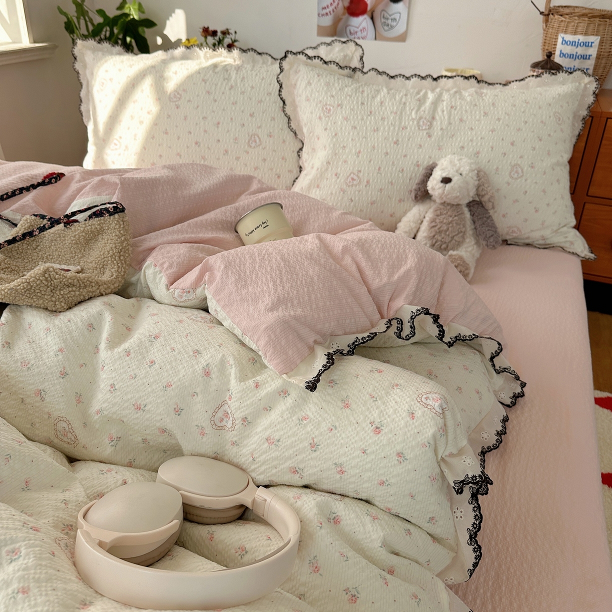 91家纺网 家纺一手货源 找家纺 顾里家纺 2026新款法式复古花边三层纱四件套（会员-2元） 甜心玫瑰