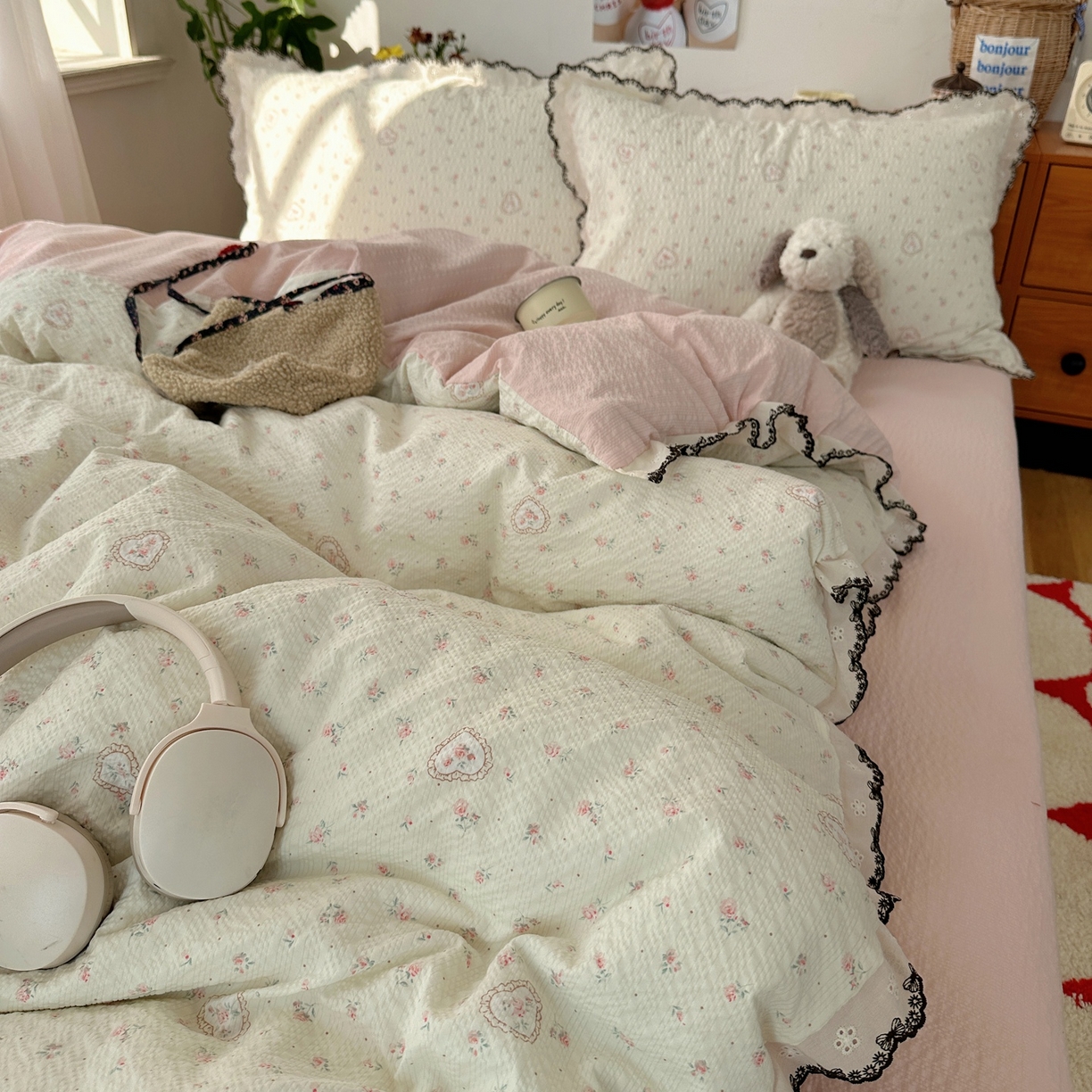 91家纺网 家纺一手货源 找家纺 顾里家纺 2026新款法式复古花边三层纱四件套（会员-2元） 甜心玫瑰