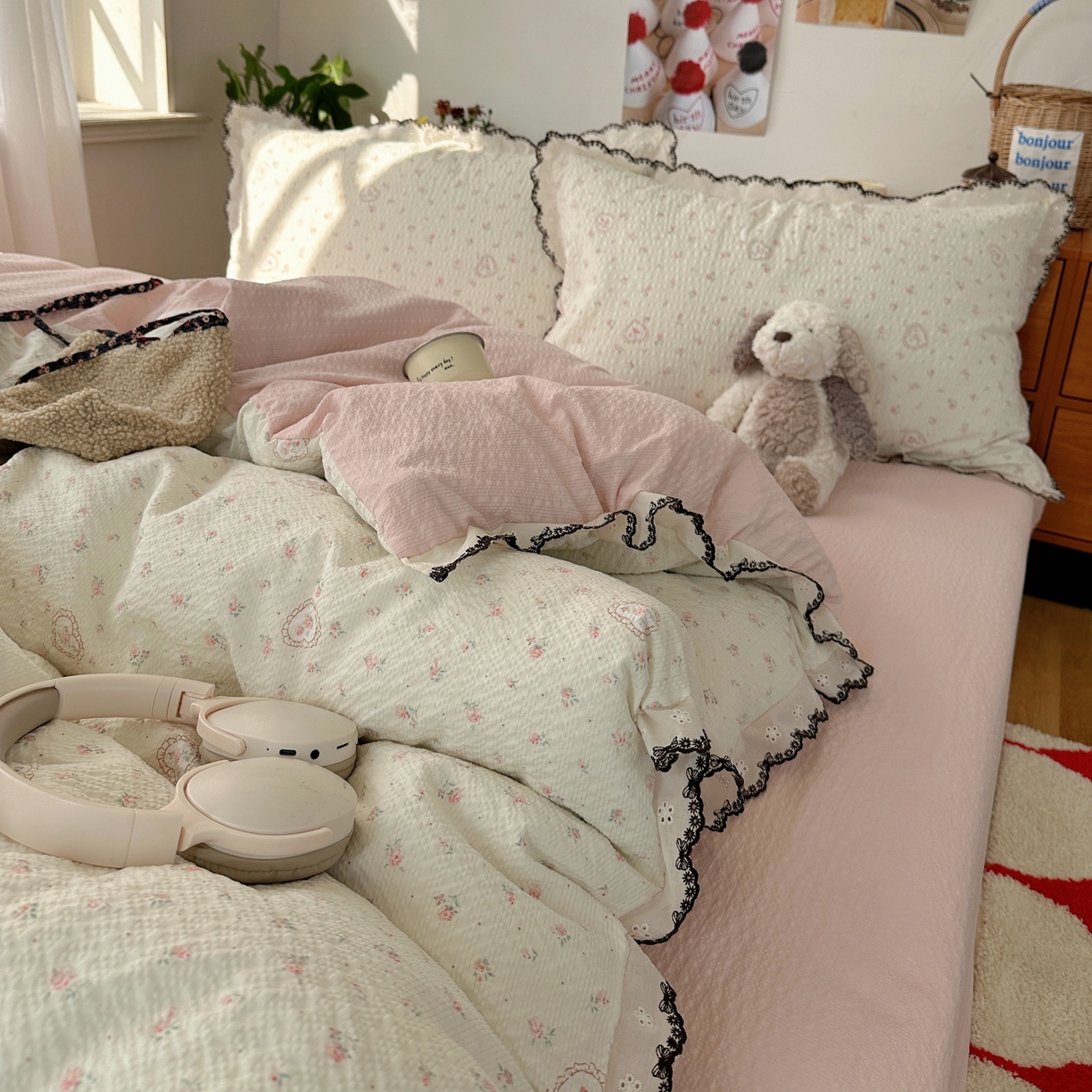 91家纺网 家纺一手货源 找家纺 顾里家纺 2026新款法式复古花边三层纱四件套（会员-2元） 甜心玫瑰