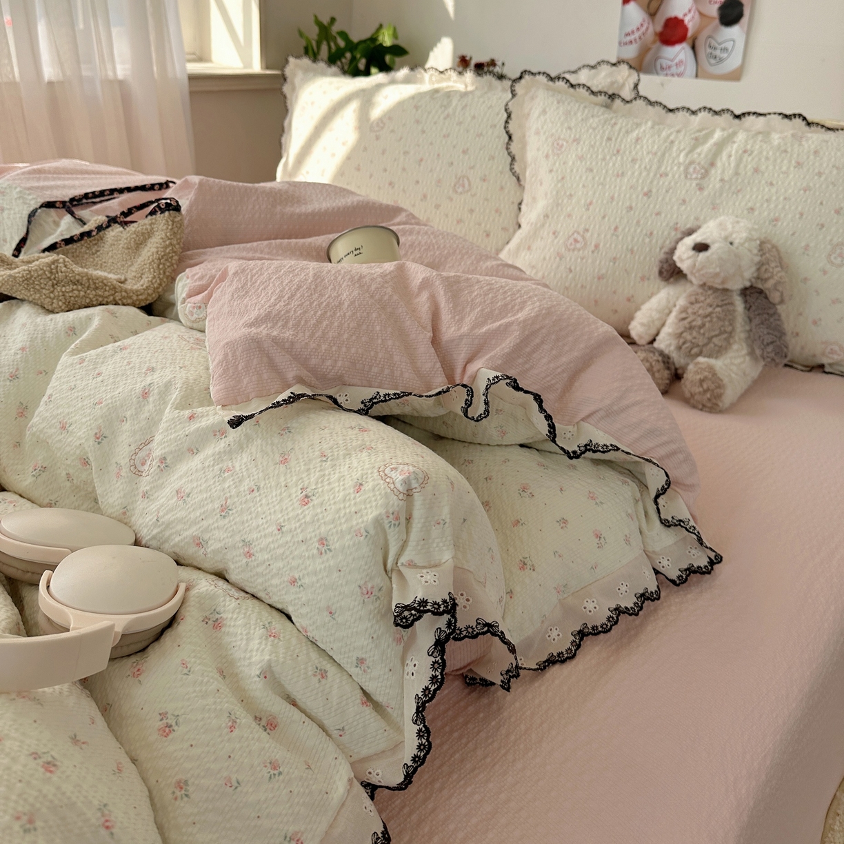 91家纺网 家纺一手货源 找家纺 顾里家纺 2026新款法式复古花边三层纱四件套（会员-2元） 甜心玫瑰