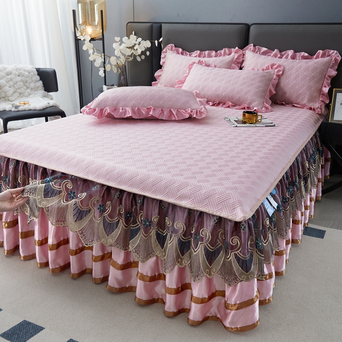 91家纺网 家纺一手货源 找家纺 （总）怡源梦 2026新款A类PE聚乙烯冰豆豆提花床裙款席子凉席三件套-梦之约