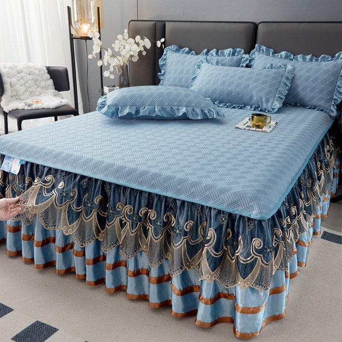怡源梦 2026新款A类PE聚乙烯冰豆豆提花床裙款席子凉席三件套-梦之约 梦之约-蓝色