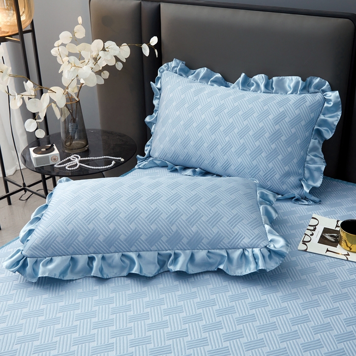 91家纺网 家纺一手货源 找家纺 怡源梦 2026新款A类PE聚乙烯冰豆豆提花床裙款席子凉席三件套-梦之约 梦之约-蓝色