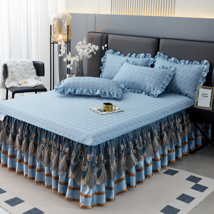 91家纺网 家纺一手货源 找家纺 怡源梦 2026新款A类PE聚乙烯冰豆豆提花床裙款席子凉席三件套-梦之约 梦之约-蓝色
