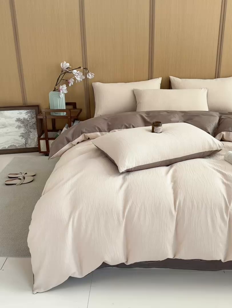 91家纺网 家纺一手货源 找家纺 （总）灰鲸 2026新款全棉纯棉三层纱色织提花四件套