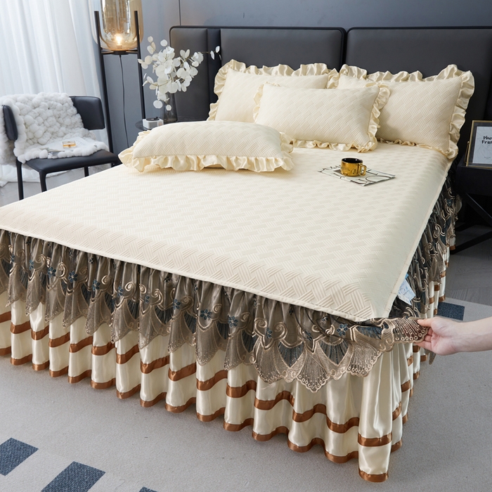 怡源梦 2026新款A类PE聚乙烯冰豆豆提花床裙款席子凉席三件套-梦之约 梦之约-米色