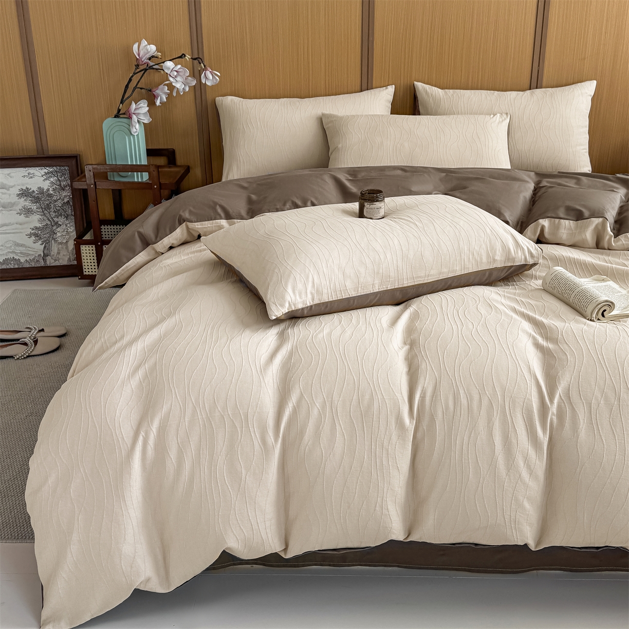 91家纺网 家纺一手货源 找家纺 （总）灰鲸 2026新款全棉纯棉三层纱色织提花四件套