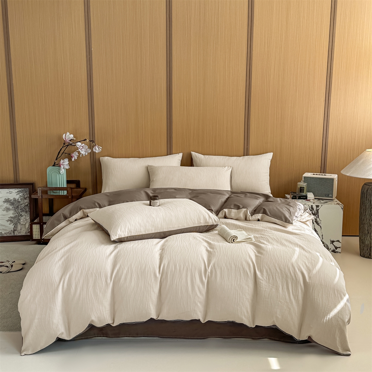 91家纺网 家纺一手货源 找家纺 （总）灰鲸 2026新款全棉纯棉三层纱色织提花四件套