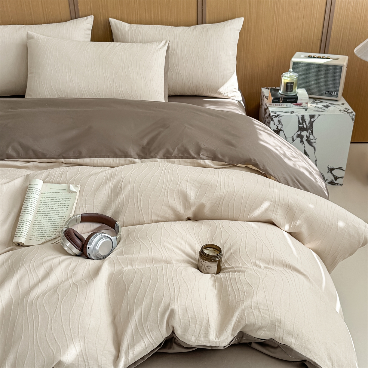 91家纺网 家纺一手货源 找家纺 （总）灰鲸 2026新款全棉纯棉三层纱色织提花四件套