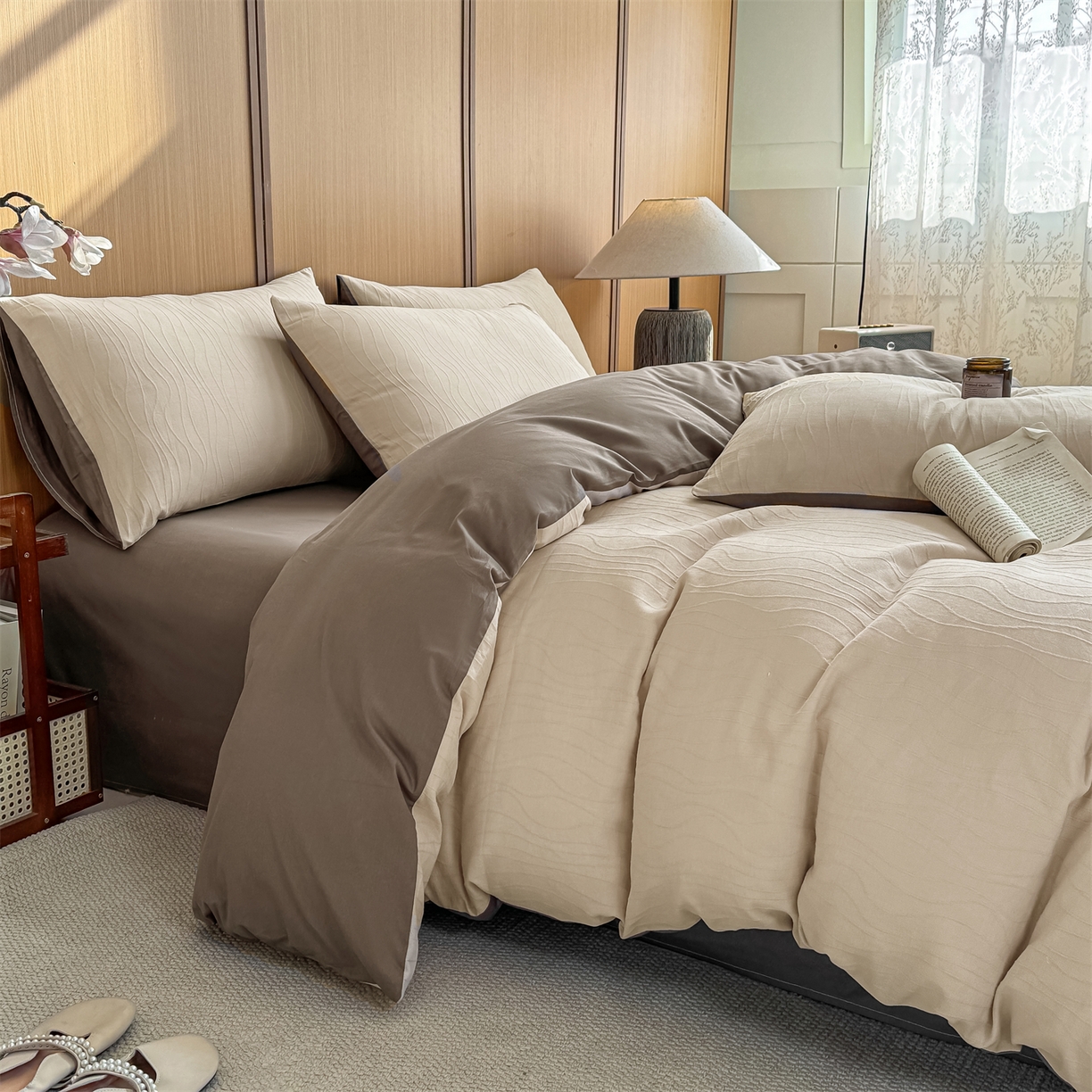 91家纺网 家纺一手货源 找家纺 （总）灰鲸 2026新款全棉纯棉三层纱色织提花四件套