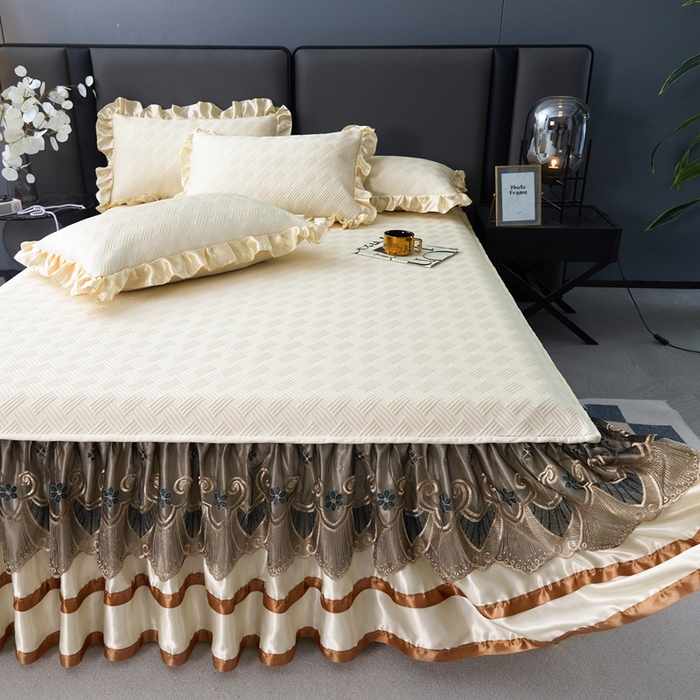 91家纺网 家纺一手货源 找家纺 怡源梦 2026新款A类PE聚乙烯冰豆豆提花床裙款席子凉席三件套-梦之约 梦之约-米色