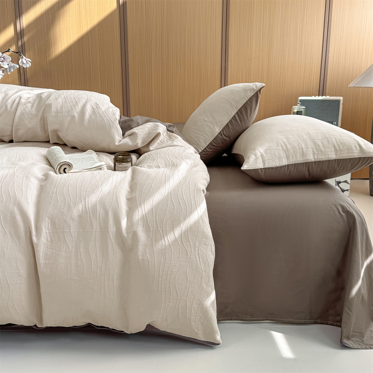 91家纺网 家纺一手货源 找家纺 （总）灰鲸 2026新款全棉纯棉三层纱色织提花四件套