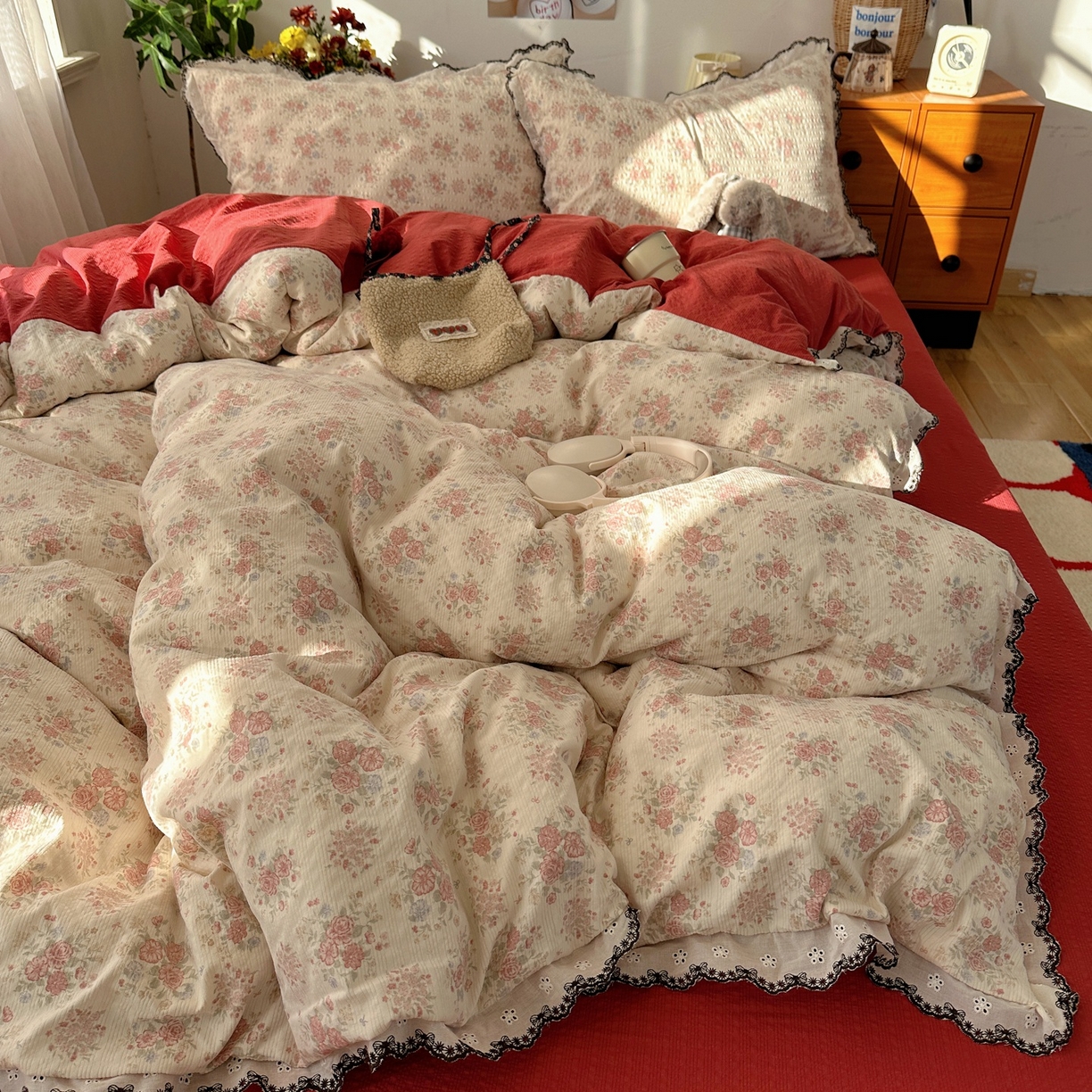 91家纺网 家纺一手货源 找家纺 顾里家纺 2026新款法式复古花边三层纱四件套（会员-2元） 榛果枣蜜