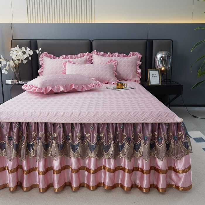 91家纺网 家纺一手货源 找家纺 怡源梦 2026新款A类PE聚乙烯冰豆豆提花床裙款席子凉席三件套-梦之约 梦之约-藕粉