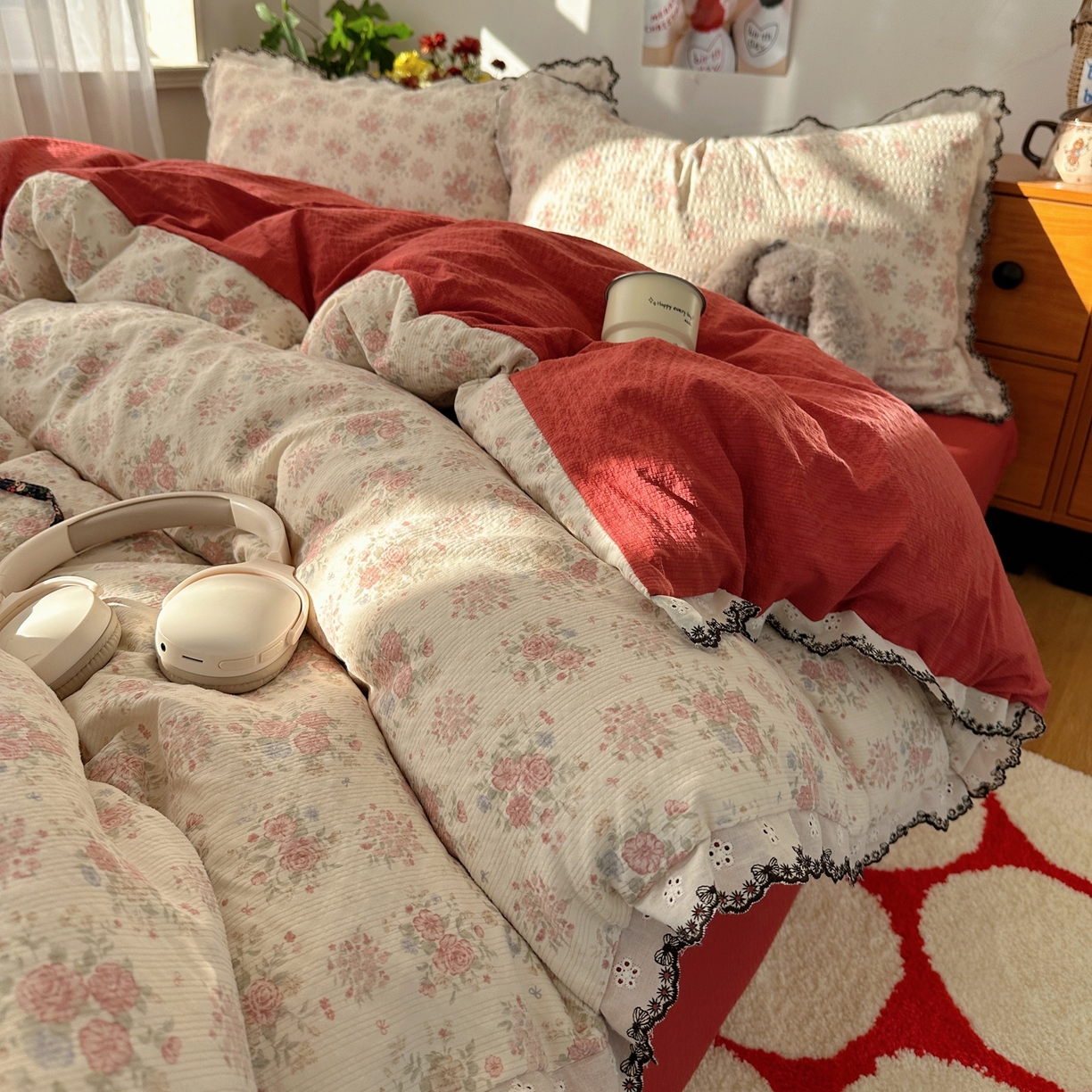 91家纺网 家纺一手货源 找家纺 顾里家纺 2026新款法式复古花边三层纱四件套（会员-2元） 榛果枣蜜