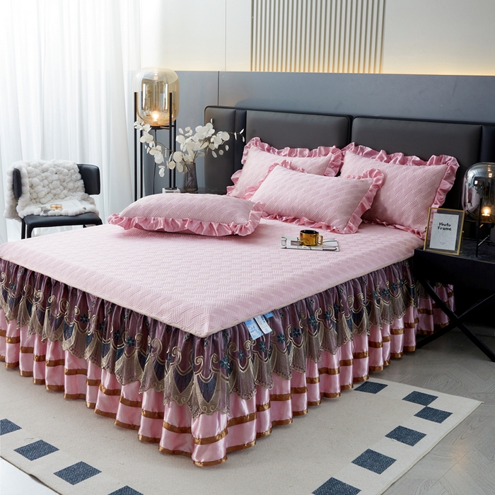 91家纺网 家纺一手货源 找家纺 怡源梦 2026新款A类PE聚乙烯冰豆豆提花床裙款席子凉席三件套-梦之约 梦之约-藕粉