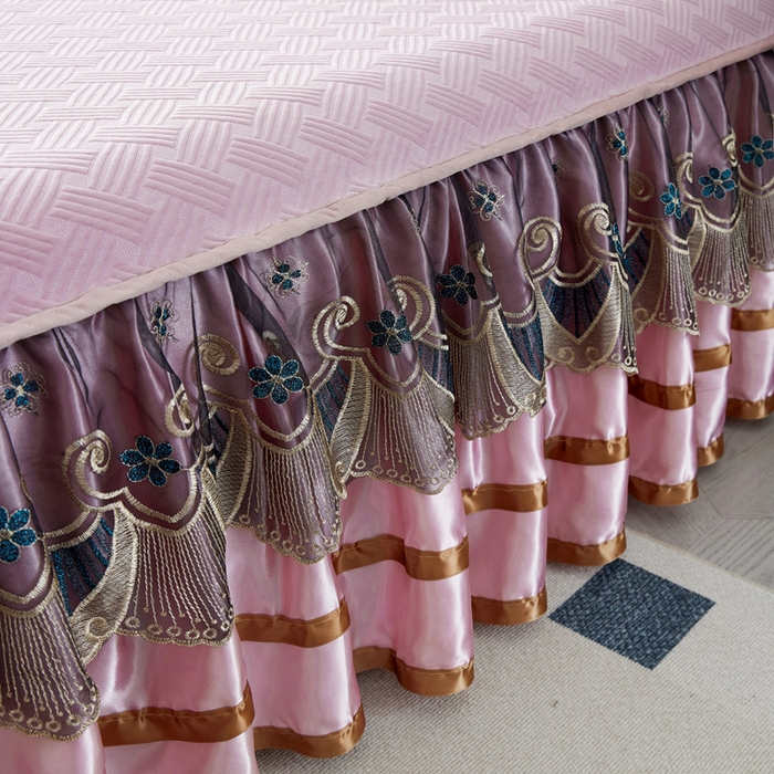 91家纺网 家纺一手货源 找家纺 怡源梦 2026新款A类PE聚乙烯冰豆豆提花床裙款席子凉席三件套-梦之约 梦之约-藕粉