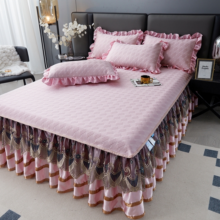 91家纺网 家纺一手货源 找家纺 怡源梦 2026新款A类PE聚乙烯冰豆豆提花床裙款席子凉席三件套-梦之约 梦之约-藕粉