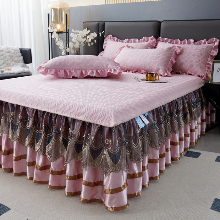 91家纺网 家纺一手货源 找家纺 怡源梦 2026新款A类PE聚乙烯冰豆豆提花床裙款席子凉席三件套-梦之约 梦之约-藕粉