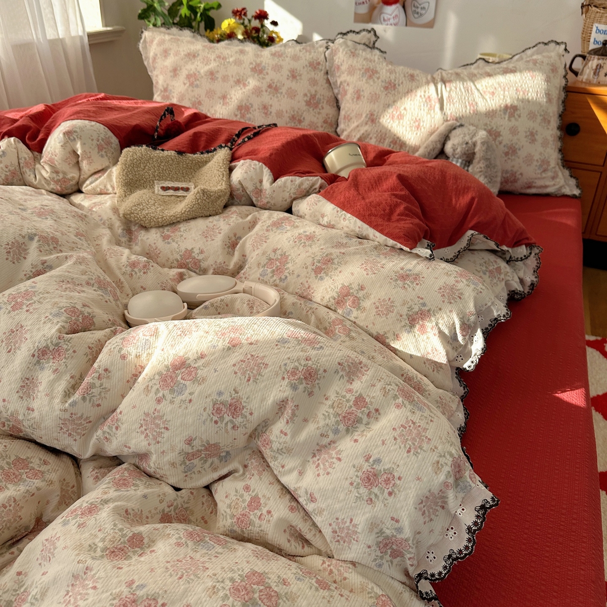 91家纺网 家纺一手货源 找家纺 顾里家纺 2026新款法式复古花边三层纱四件套（会员-2元） 榛果枣蜜