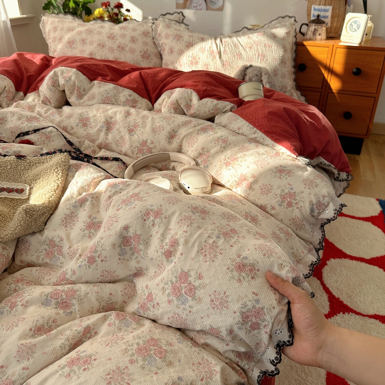 91家纺网 家纺一手货源 找家纺 顾里家纺 2026新款法式复古花边三层纱四件套（会员-2元） 榛果枣蜜