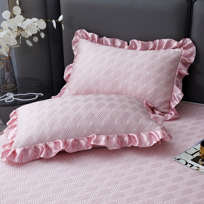 91家纺网 家纺一手货源 找家纺 怡源梦 2026新款A类PE聚乙烯冰豆豆提花床裙款席子凉席三件套-梦之约 梦之约-藕粉