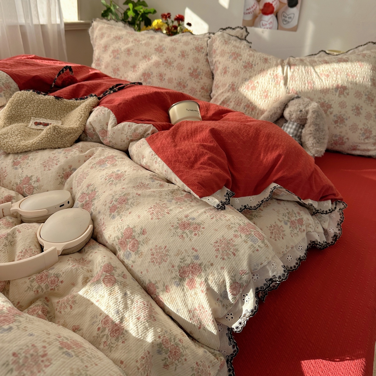 91家纺网 家纺一手货源 找家纺 顾里家纺 2026新款法式复古花边三层纱四件套（会员-2元） 榛果枣蜜