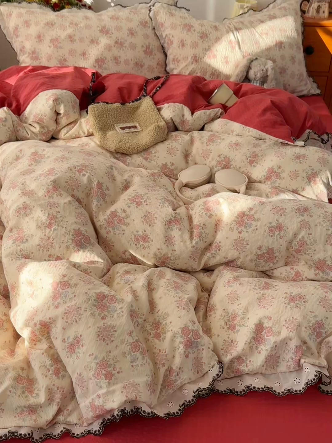 91家纺网 家纺一手货源 找家纺 顾里家纺 2026新款法式复古花边三层纱四件套（会员-2元） 榛果枣蜜