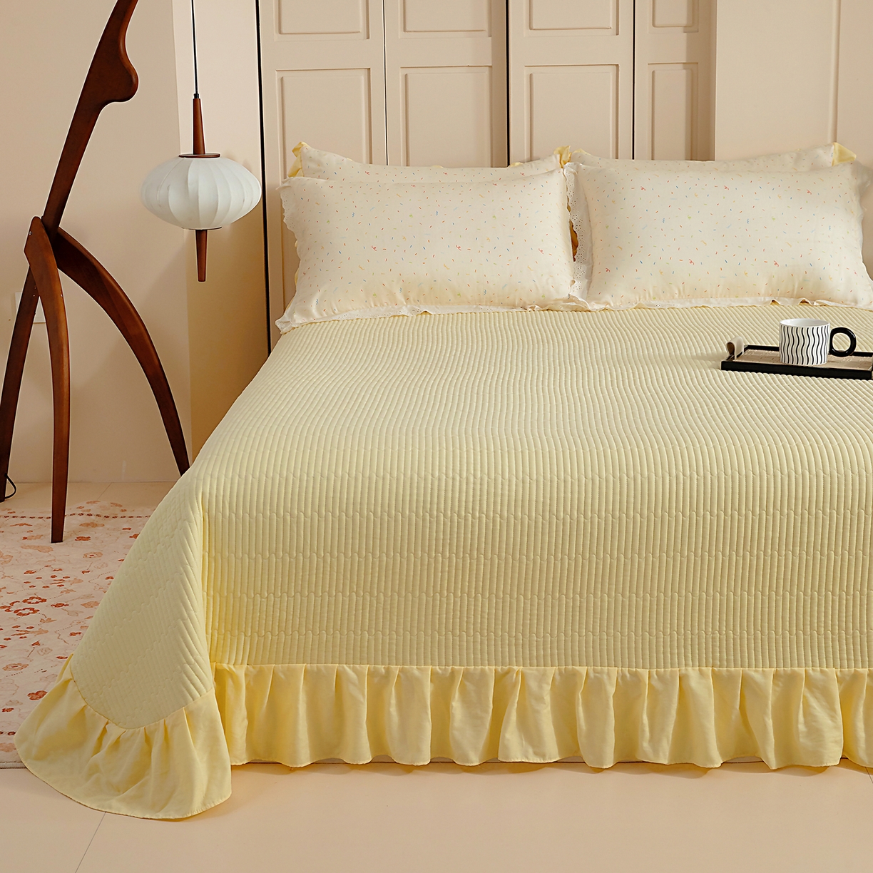 91家纺网 家纺一手货源 找家纺 情煊家纺 2026新款全棉双层纱单品床盖 奶油黄