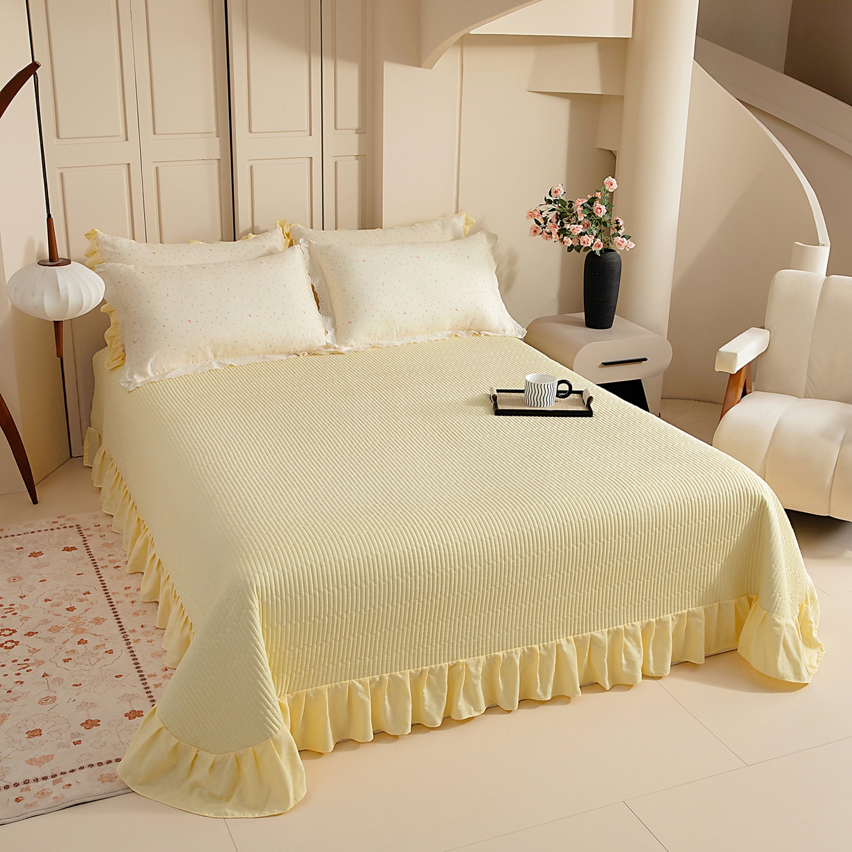 91家纺网 家纺一手货源 找家纺 情煊家纺 2026新款全棉双层纱单品床盖 奶油黄