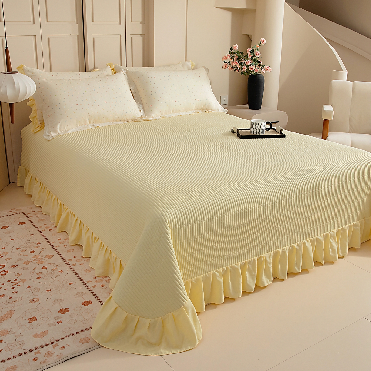 91家纺网 家纺一手货源 找家纺 情煊家纺 2026新款全棉双层纱单品床盖 奶油黄