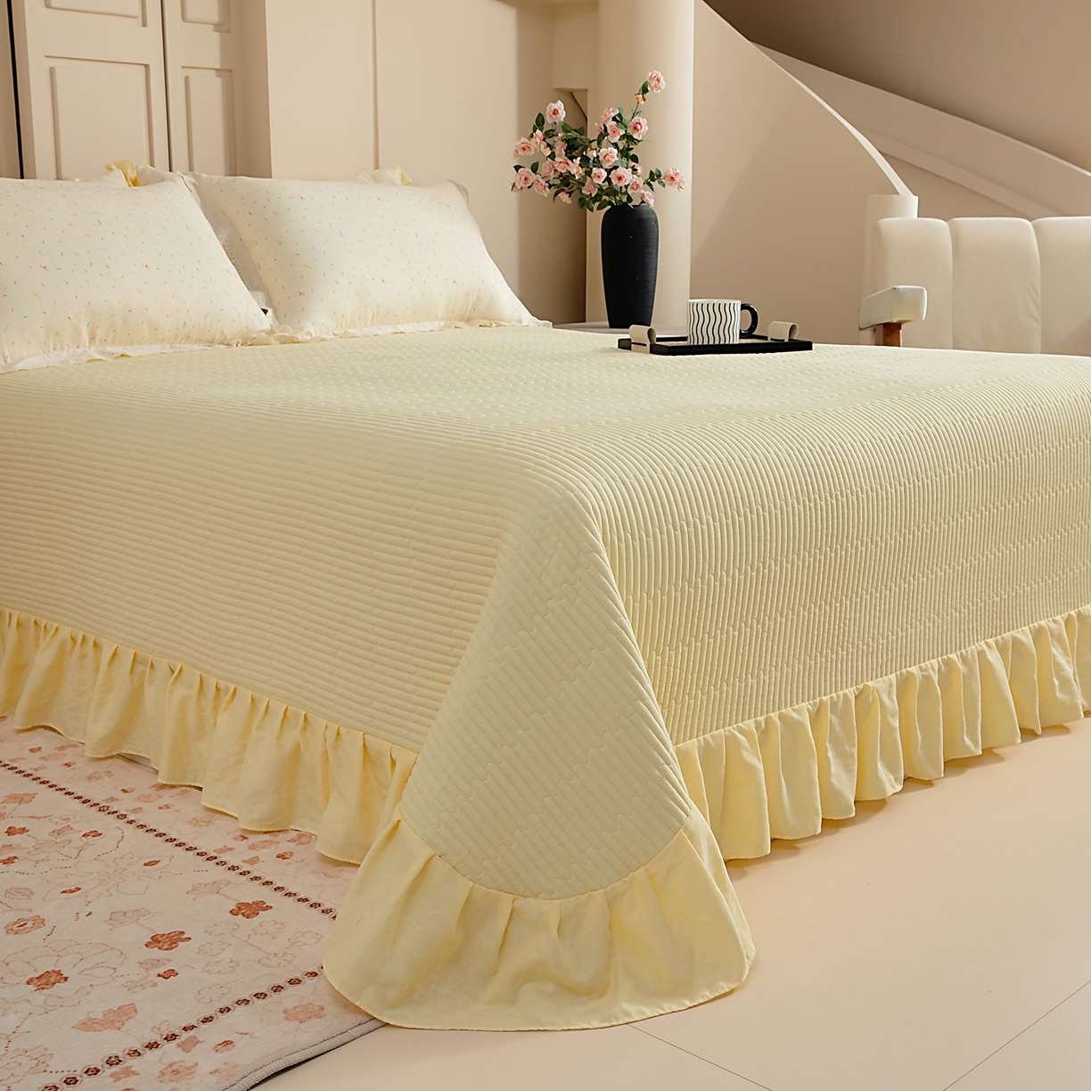 91家纺网 家纺一手货源 找家纺 情煊家纺 2026新款全棉双层纱单品床盖 奶油黄