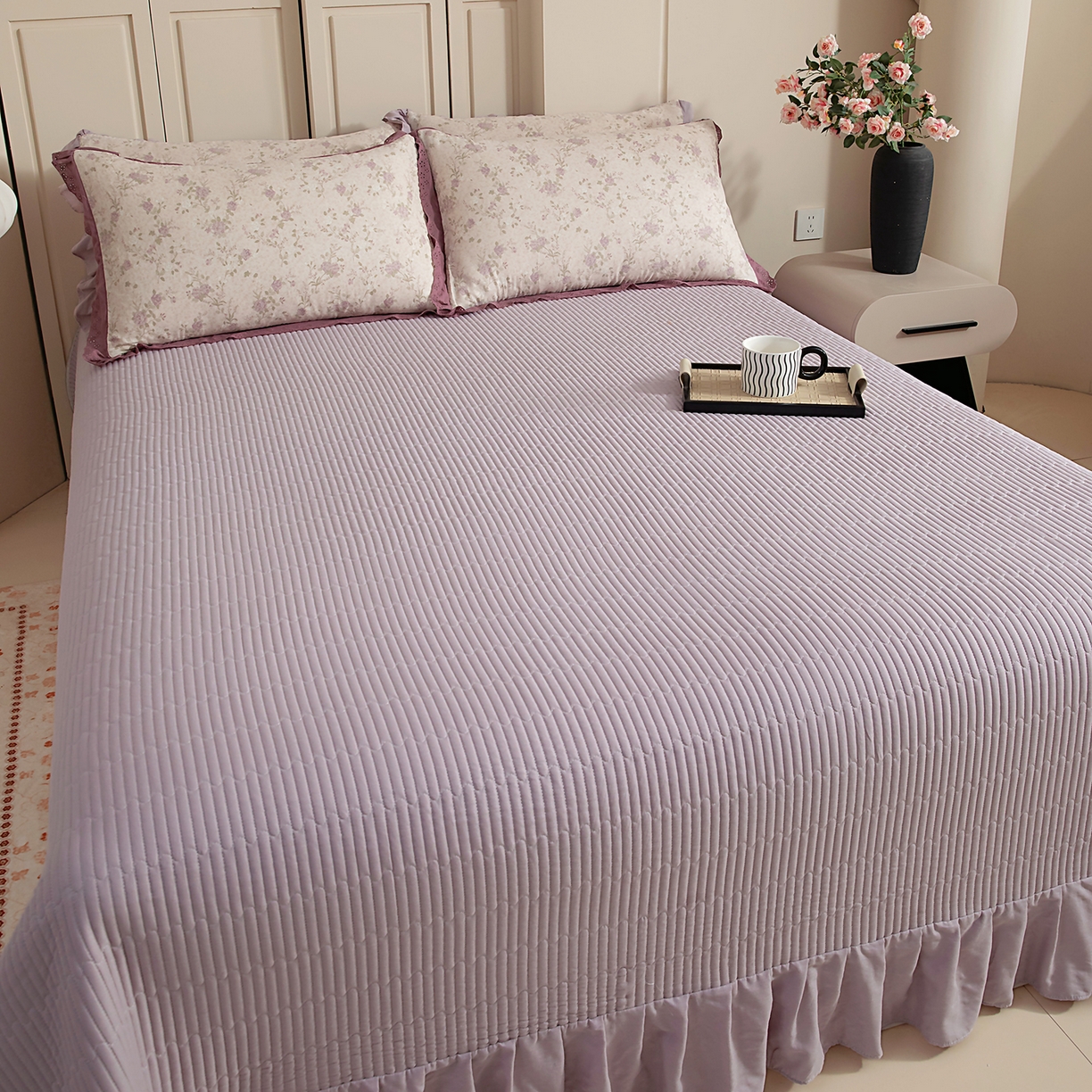 91家纺网 家纺一手货源 找家纺 情煊家纺 2026新款全棉双层纱单品床盖 仙霞