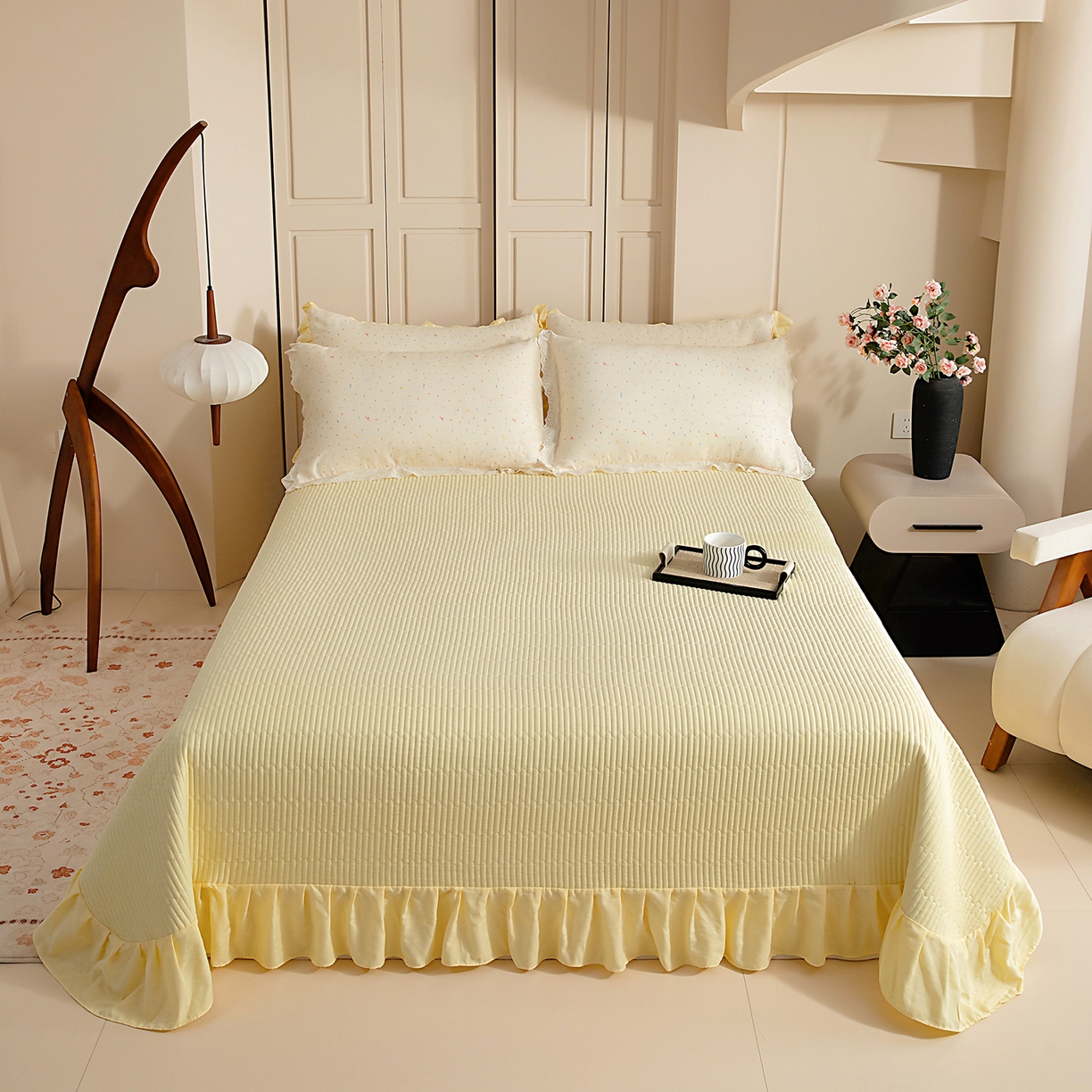 91家纺网 家纺一手货源 找家纺 情煊家纺 2026新款全棉双层纱单品床盖 奶油黄