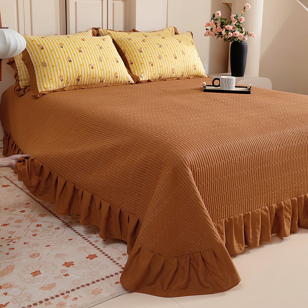 91家纺网 家纺一手货源 找家纺 情煊家纺 2026新款全棉双层纱单品床盖 焦糖