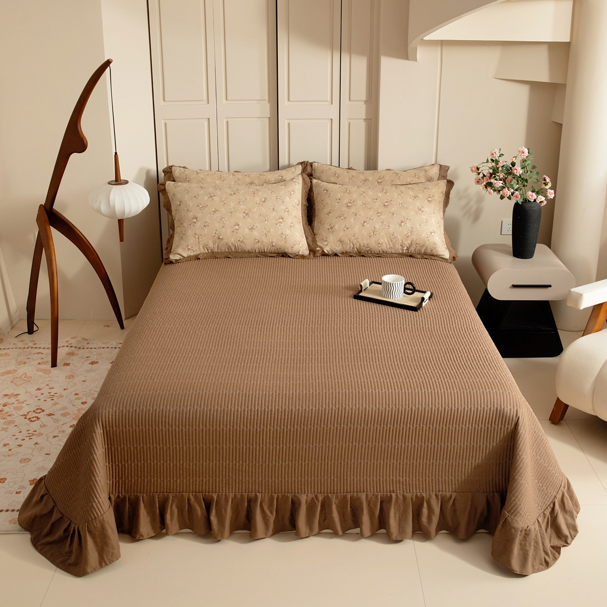 91家纺网 家纺一手货源 找家纺 情煊家纺 2026新款全棉双层纱单品床盖 深咖