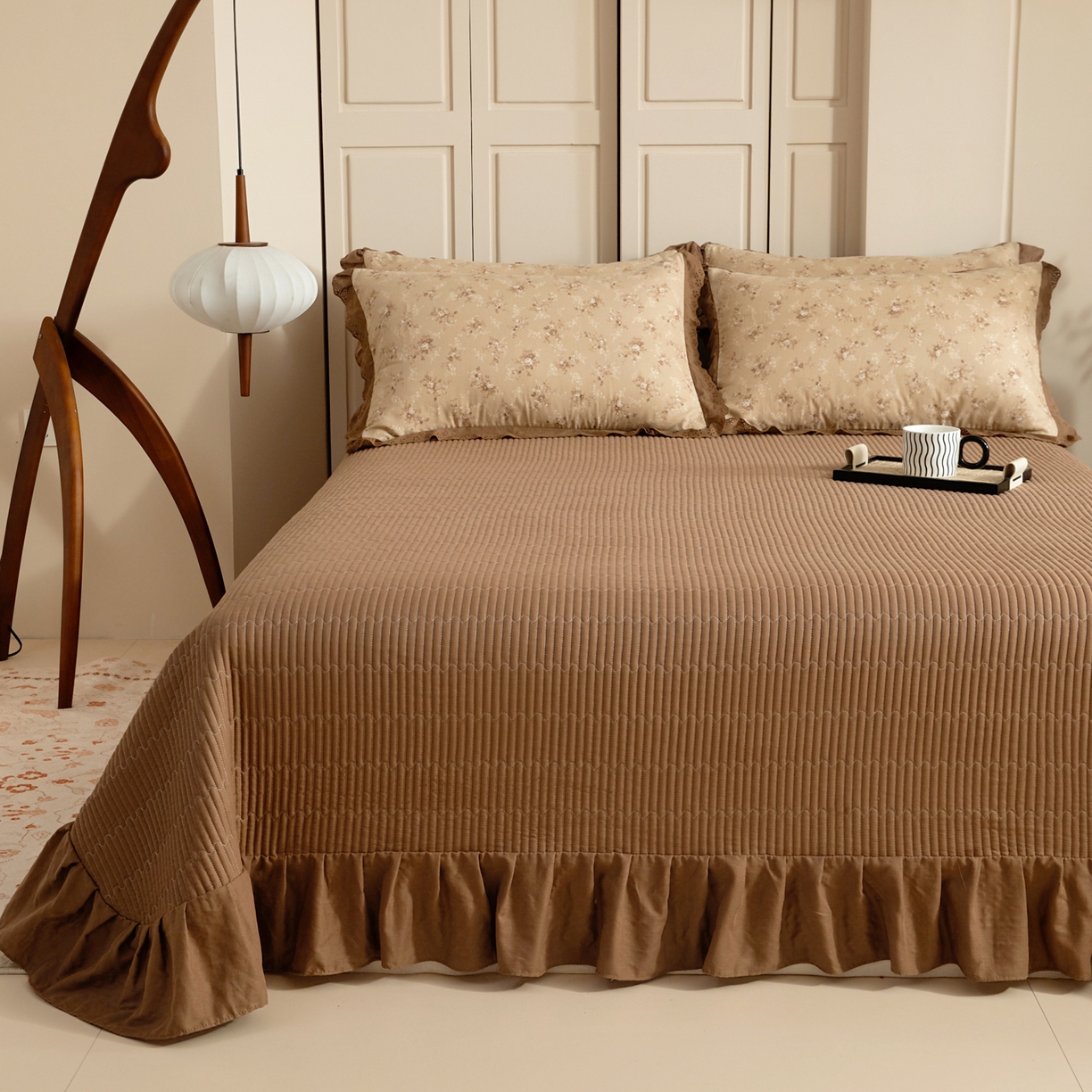 91家纺网 家纺一手货源 找家纺 情煊家纺 2026新款全棉双层纱单品床盖 深咖