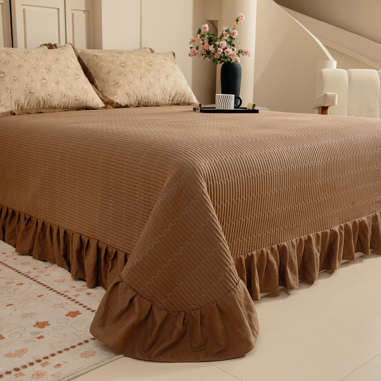 91家纺网 家纺一手货源 找家纺 情煊家纺 2026新款全棉双层纱单品床盖 深咖