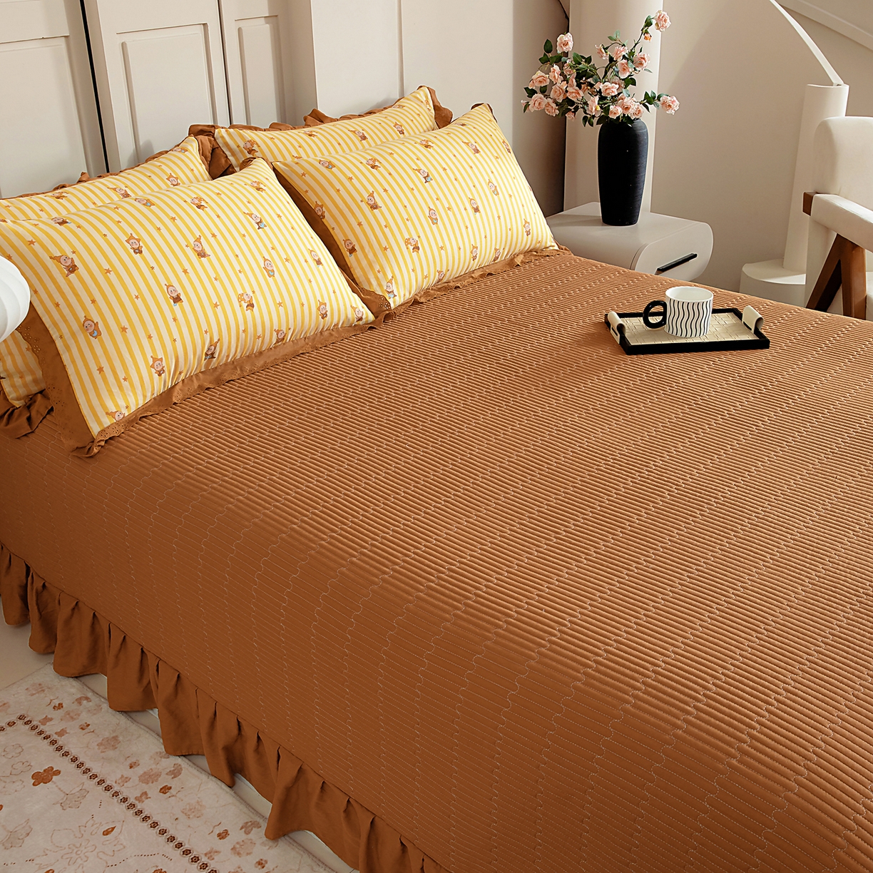 91家纺网 家纺一手货源 找家纺 情煊家纺 2026新款全棉双层纱单品床盖 焦糖