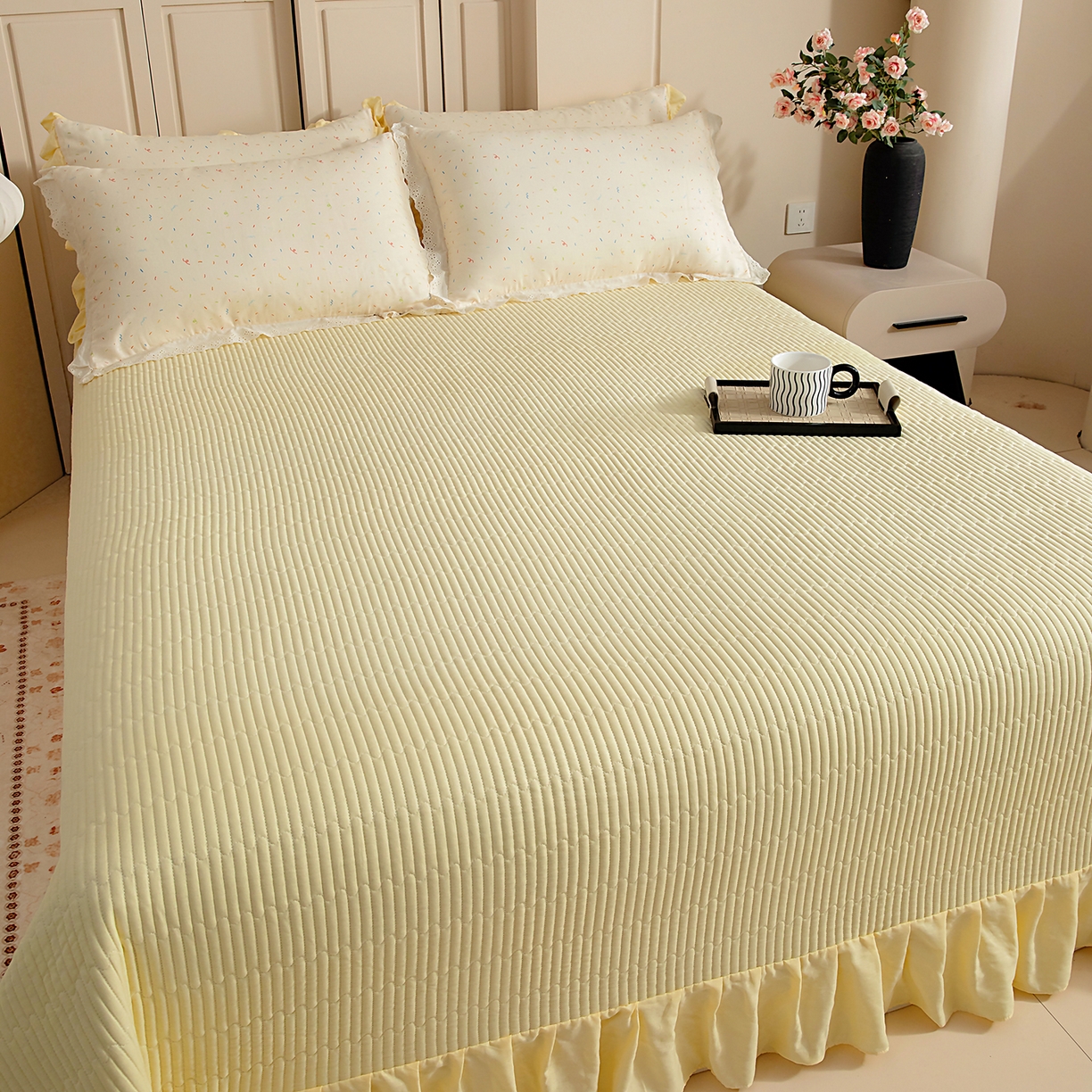 91家纺网 家纺一手货源 找家纺 情煊家纺 2026新款全棉双层纱单品床盖 奶油黄