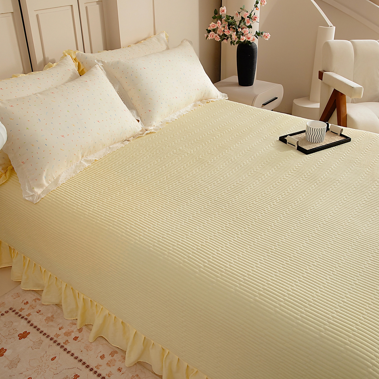 91家纺网 家纺一手货源 找家纺 情煊家纺 2026新款全棉双层纱单品床盖 奶油黄