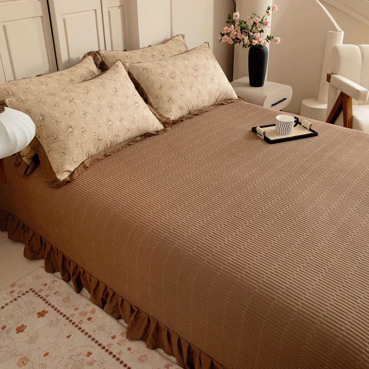 91家纺网 家纺一手货源 找家纺 情煊家纺 2026新款全棉双层纱单品床盖 深咖