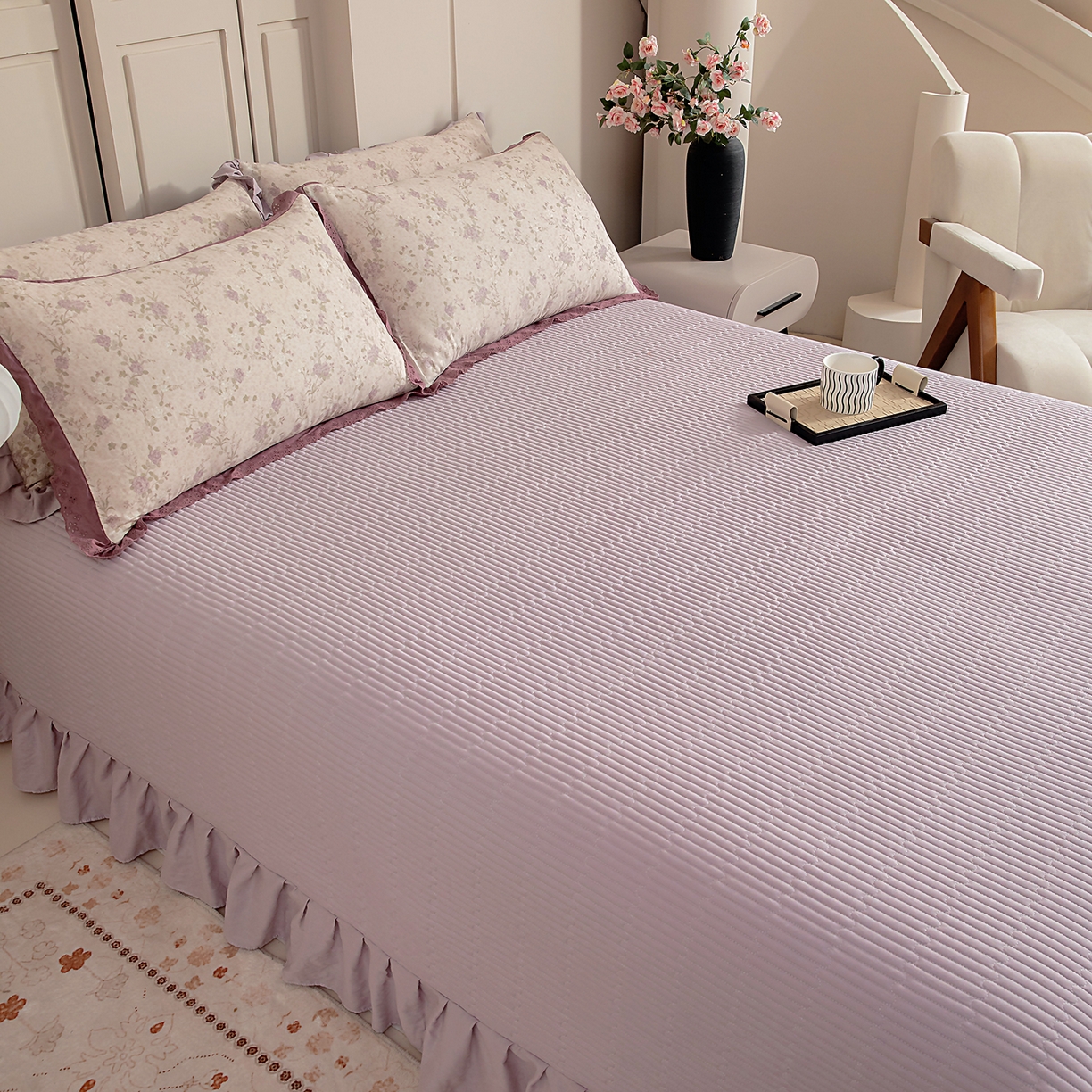 91家纺网 家纺一手货源 找家纺 情煊家纺 2026新款全棉双层纱单品床盖 仙霞